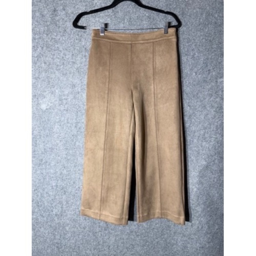 Ann Taylor Petite 2P Faux Suede Wide Leg Crop Pants Camel Brown Seam Front